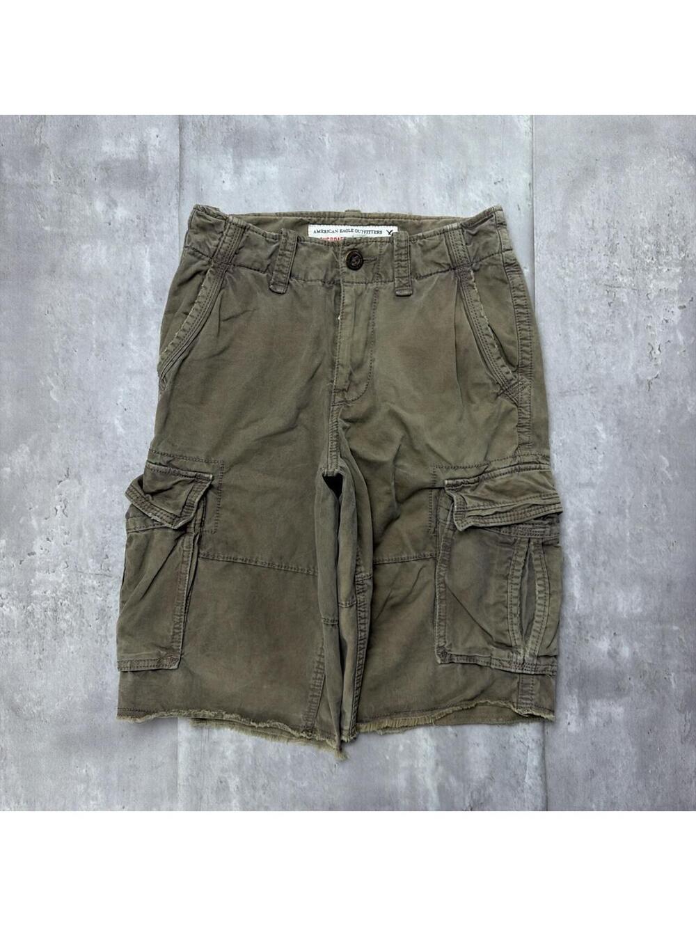 Y2K Olive Green American Eagle Grunge Baggy Distressed Cargo Skater Shorts